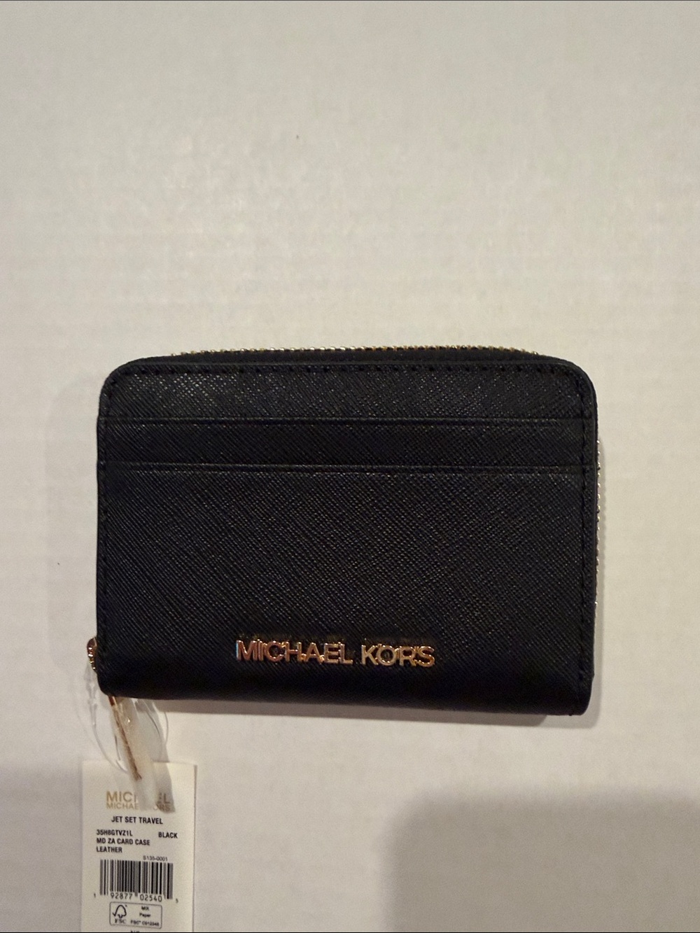 Michael Kors Black Saffiano Zip Card Holder with Gold Logo